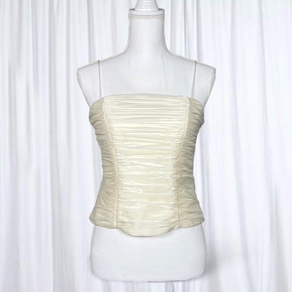 JR Nites Vintage Ruched Satin White Corset Top Spaghetti Strap
